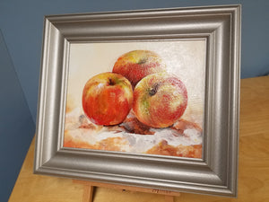 Apple original oil painting a day, still life signed, framed, fruit 8"x10", 2021